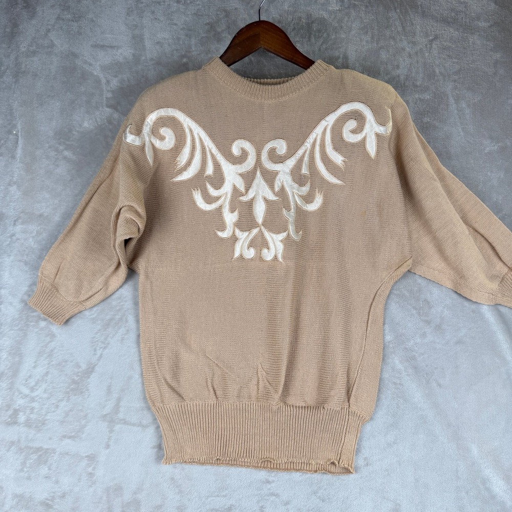 western cowgirl Vintage Calico Tan Cotton Knit Sweater White Scroll Sleeve